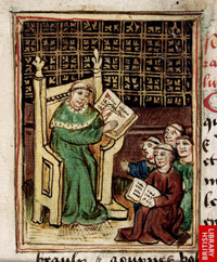 Master and scholars. British Library, MS Royal 19 A IX f. 4