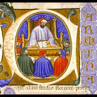 Historiated initial from Boethius, On the Consolation of Philosophy, Italy c.1385. Glasgow University Library, MS Hunter 374 (V.1.11),  fol. 4r.