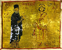 Michael Psellos (left) with his student, Byzantine Emperor Michael VII Doukas., Mount Athos, Pantokrator Monastery, Codex 234, fol. 245a