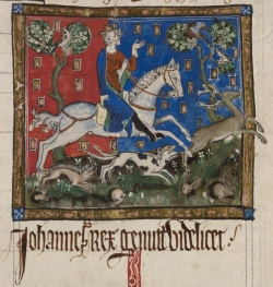 A 14th-century manuscript image of King John hunting (London, British Library, Cotton MS Claudius D II, f. 116r)